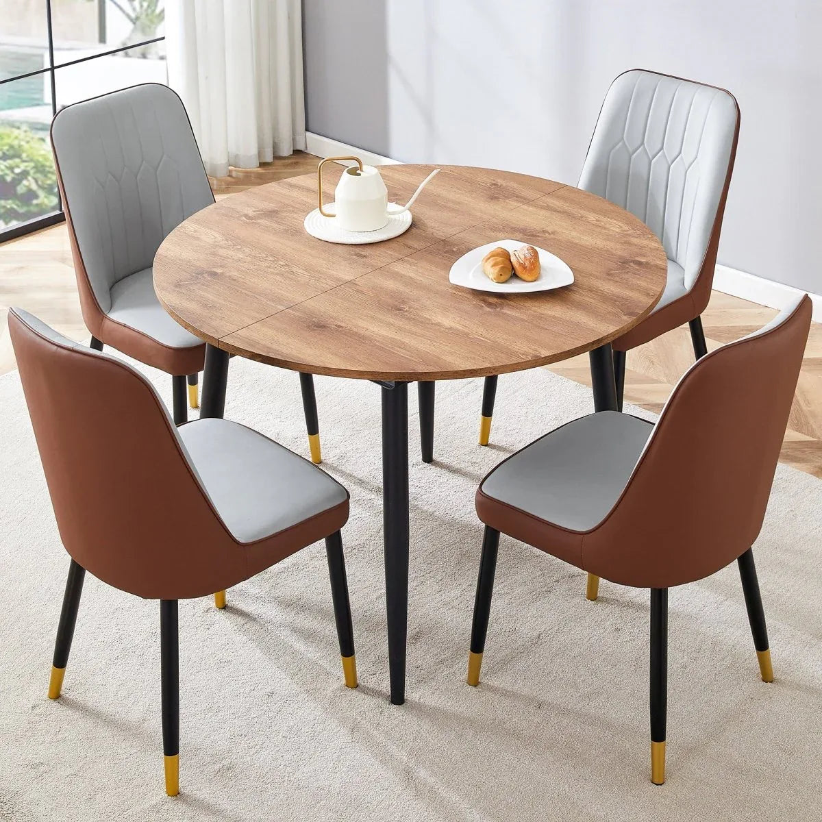 Round Extendable MDF Dining Table With Four PU Chairs - Omega Lifestyles