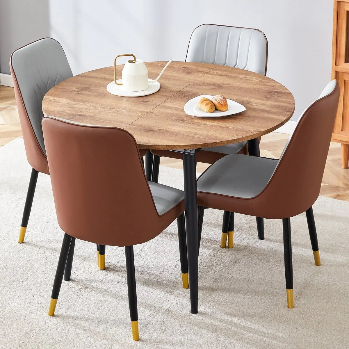 Round Extendable MDF Dining Table With Four PU Chairs - Omega Lifestyles