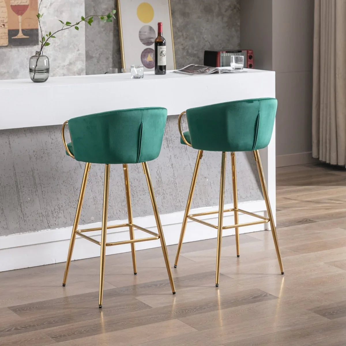 Set of 2 Green Velvet Fabric Foam Bar Stools - Omega Lifestyles