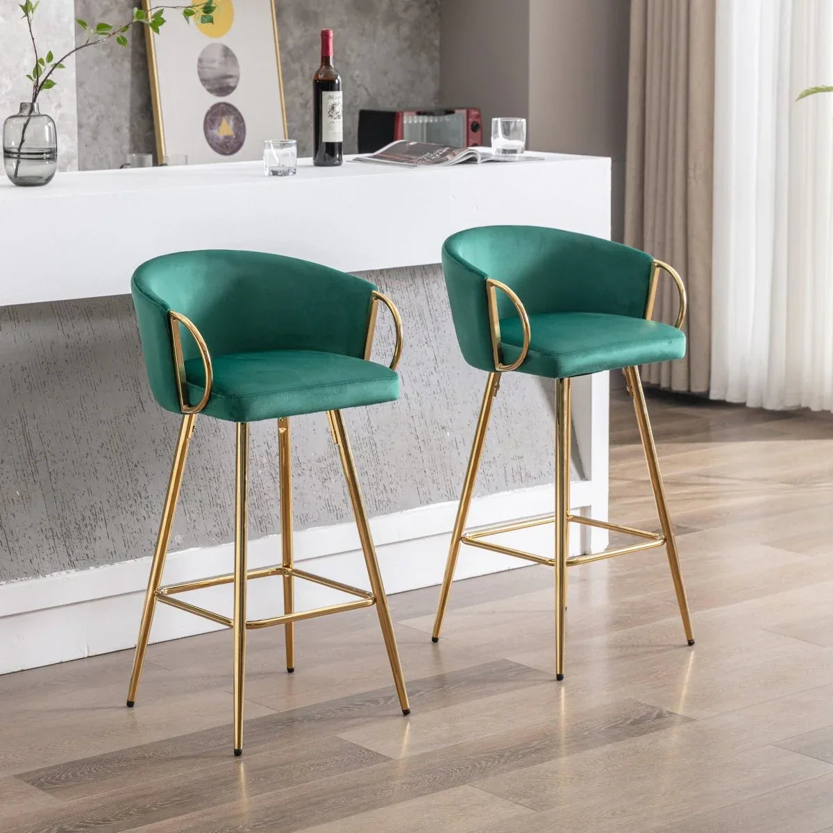Set of 2 Green Velvet Fabric Foam Bar Stools - Omega Lifestyles