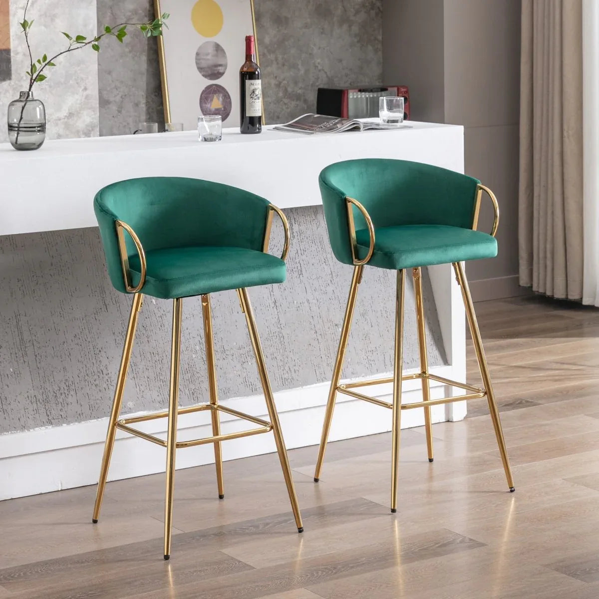 Set of 2 Green Velvet Fabric Foam Bar Stools - Omega Lifestyles