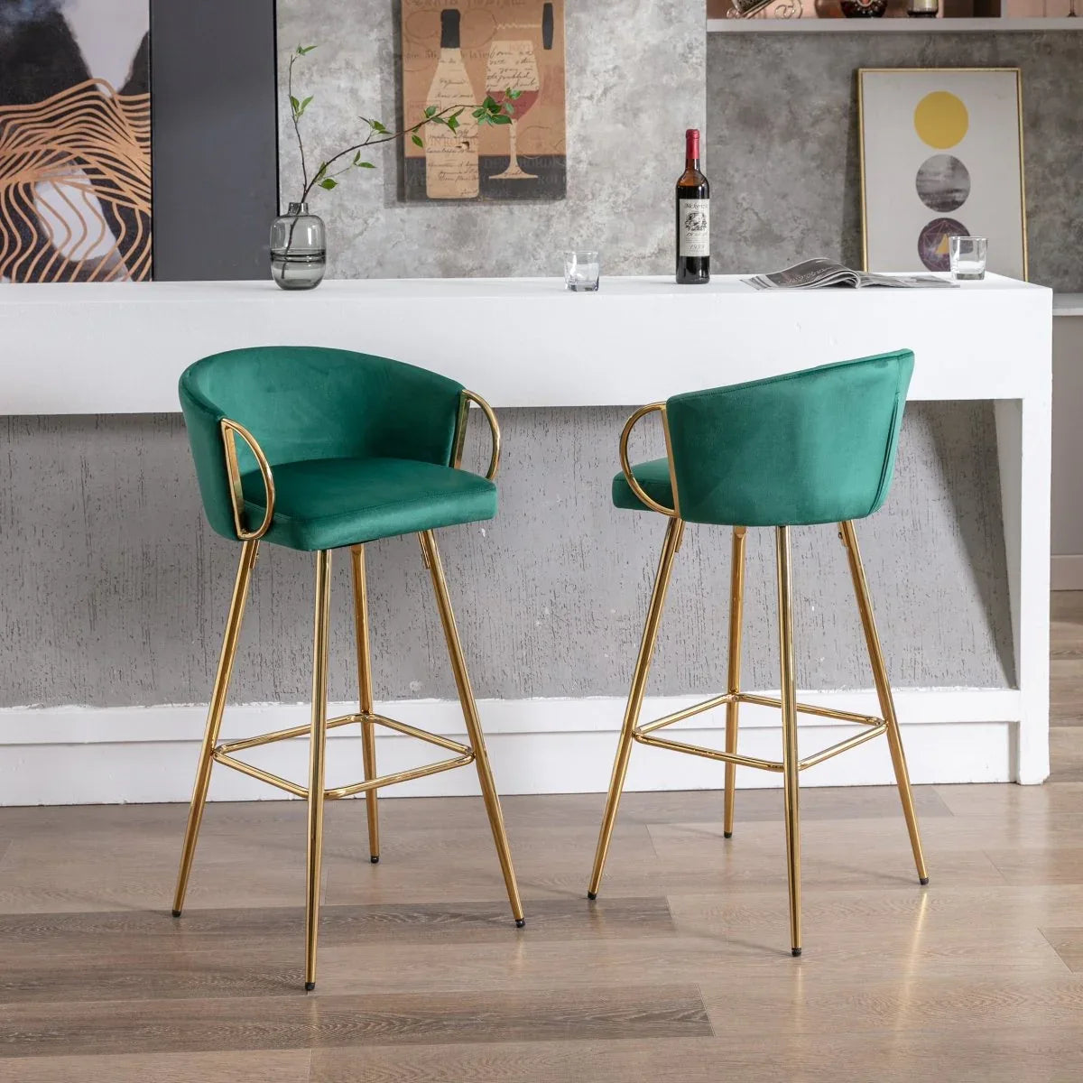 Set of 2 Green Velvet Fabric Foam Bar Stools - Omega Lifestyles