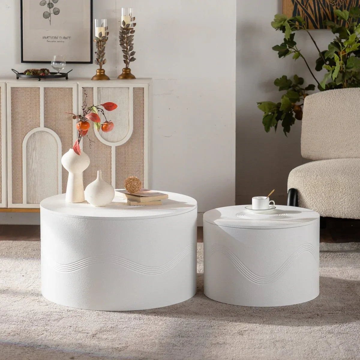 Set Of 2 White Round Modern MDF Coffee Tables With Storage - Omega Lifestyles