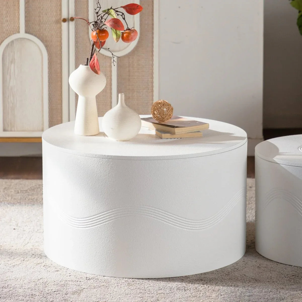 Set Of 2 White Round Modern MDF Coffee Tables With Storage - Omega Lifestyles