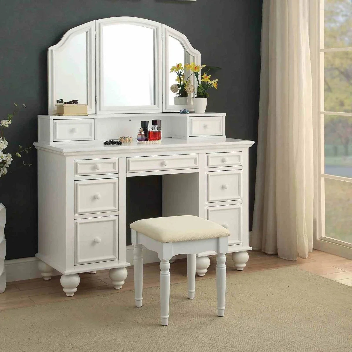 Transitional White Solid Wood Vanity With Stool Set - Omega Lifestyles