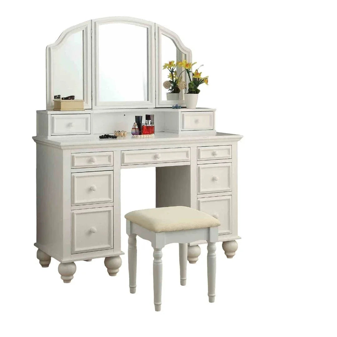 Transitional White Solid Wood Vanity With Stool Set - Omega Lifestyles