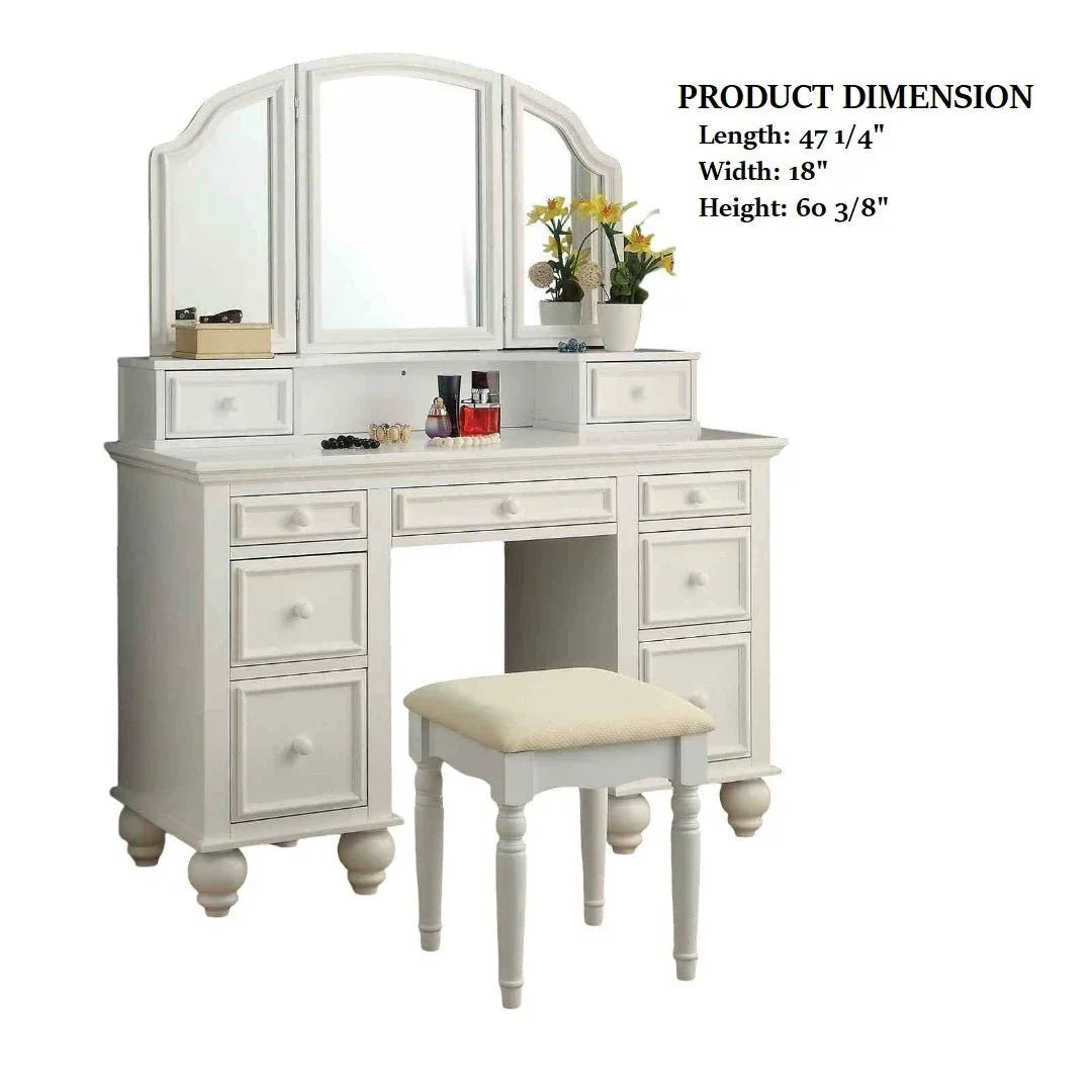 Transitional White Solid Wood Vanity With Stool Set - Omega Lifestyles