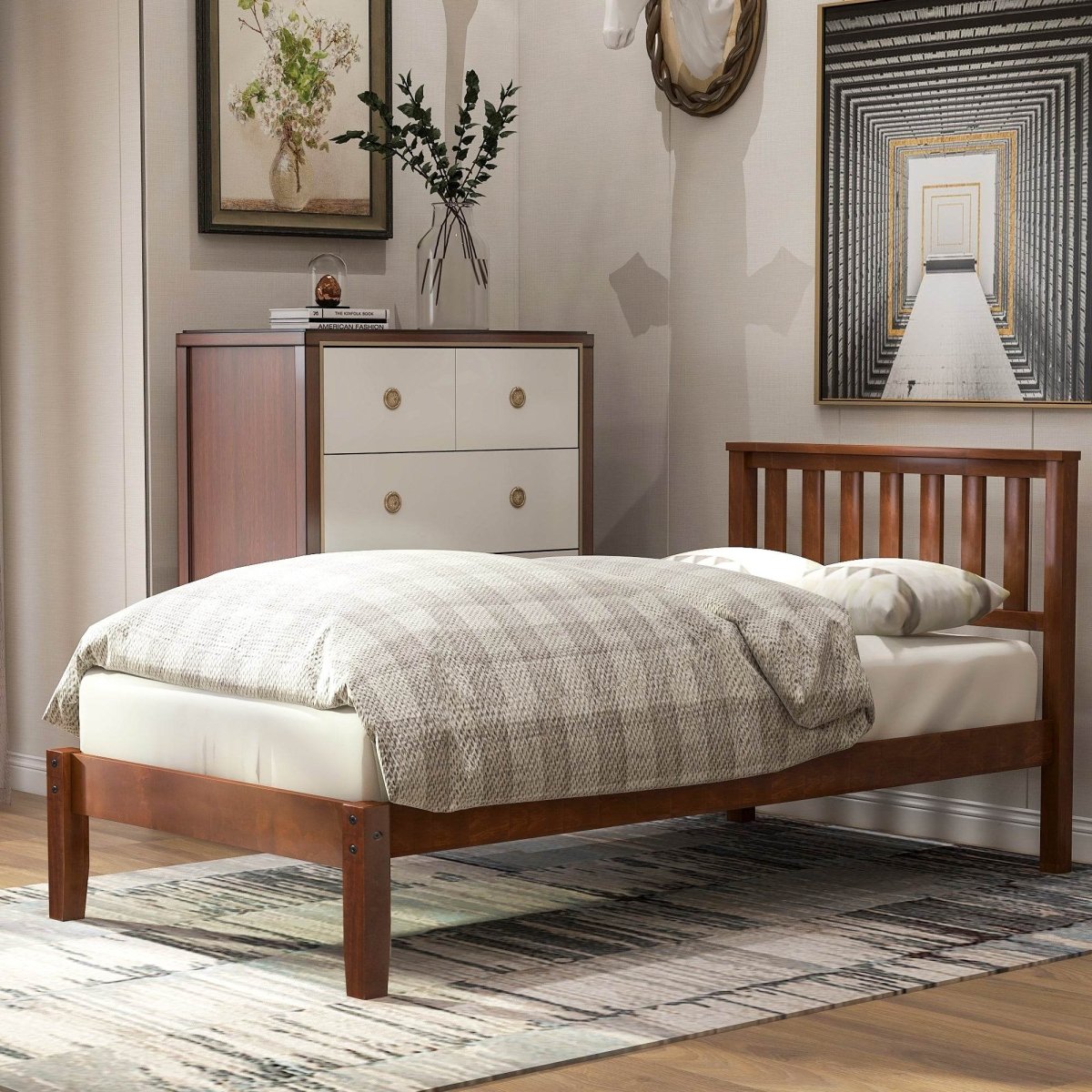 Twin Solid Wood Walnut Platform Bed With Headboard - Dreamtide - Omega Lifestyles