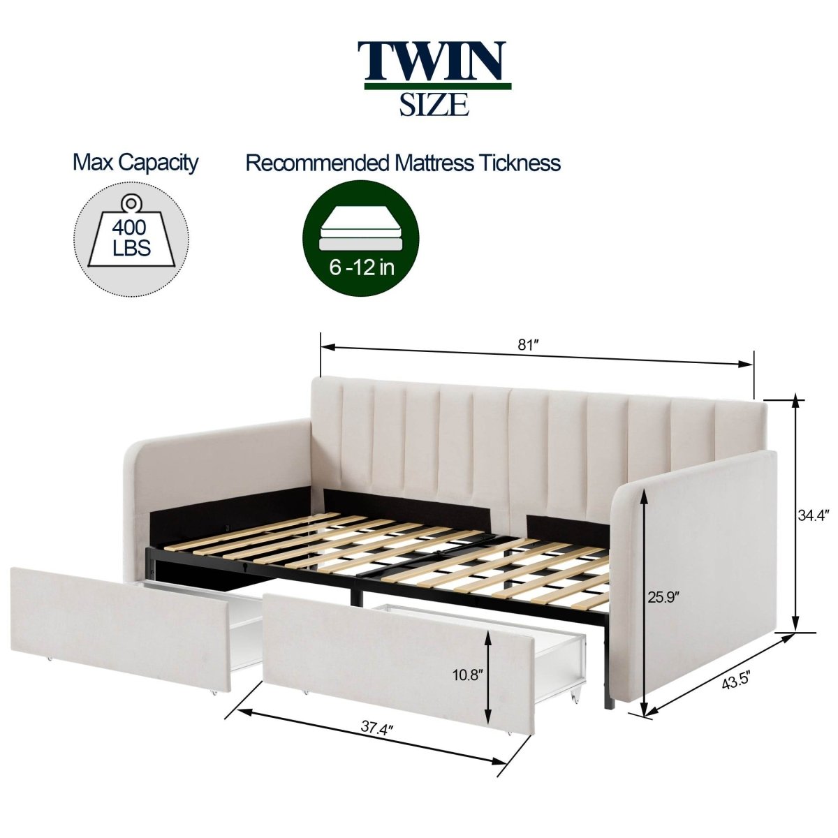 Twin Upholstered Daybed With Dust - Proof Storage Drawers - Dreamtide - Omega Lifestyles