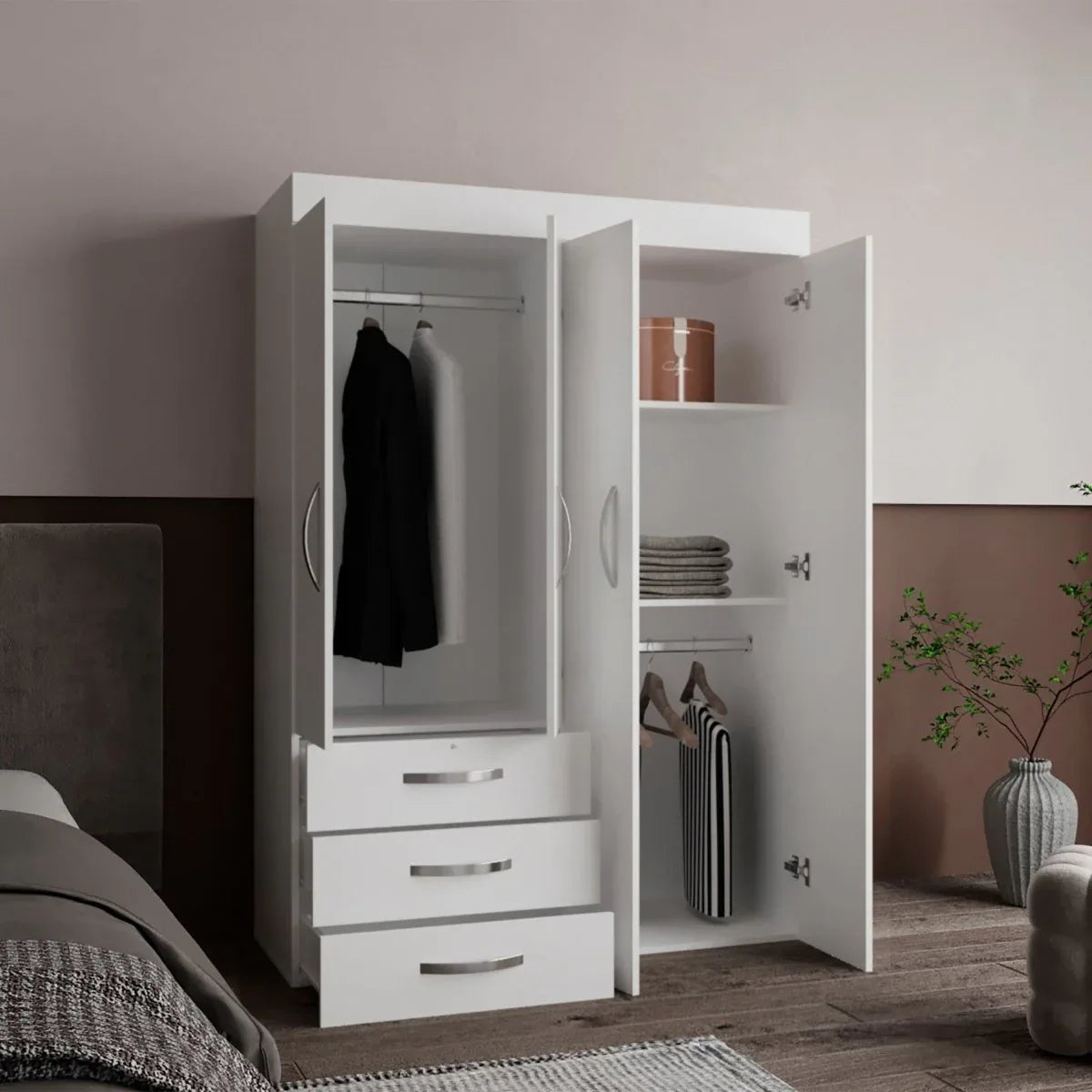White Engineered Wood 4-Door Mobile Armoire Cabinet - Omega Lifestyles
