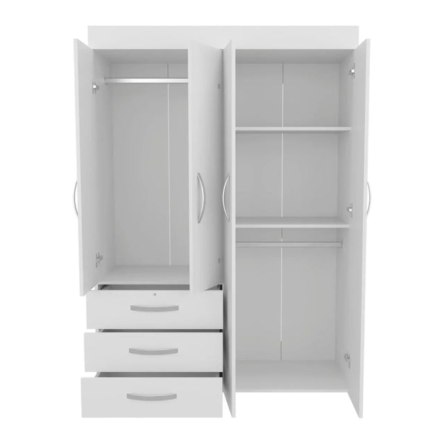 White Engineered Wood 4-Door Mobile Armoire Cabinet - Omega Lifestyles