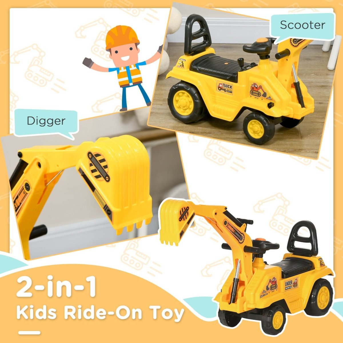 2 - In - 1 Kids Ride On Excavator With Pull Cart - Driftwood - Omega Lifestyles