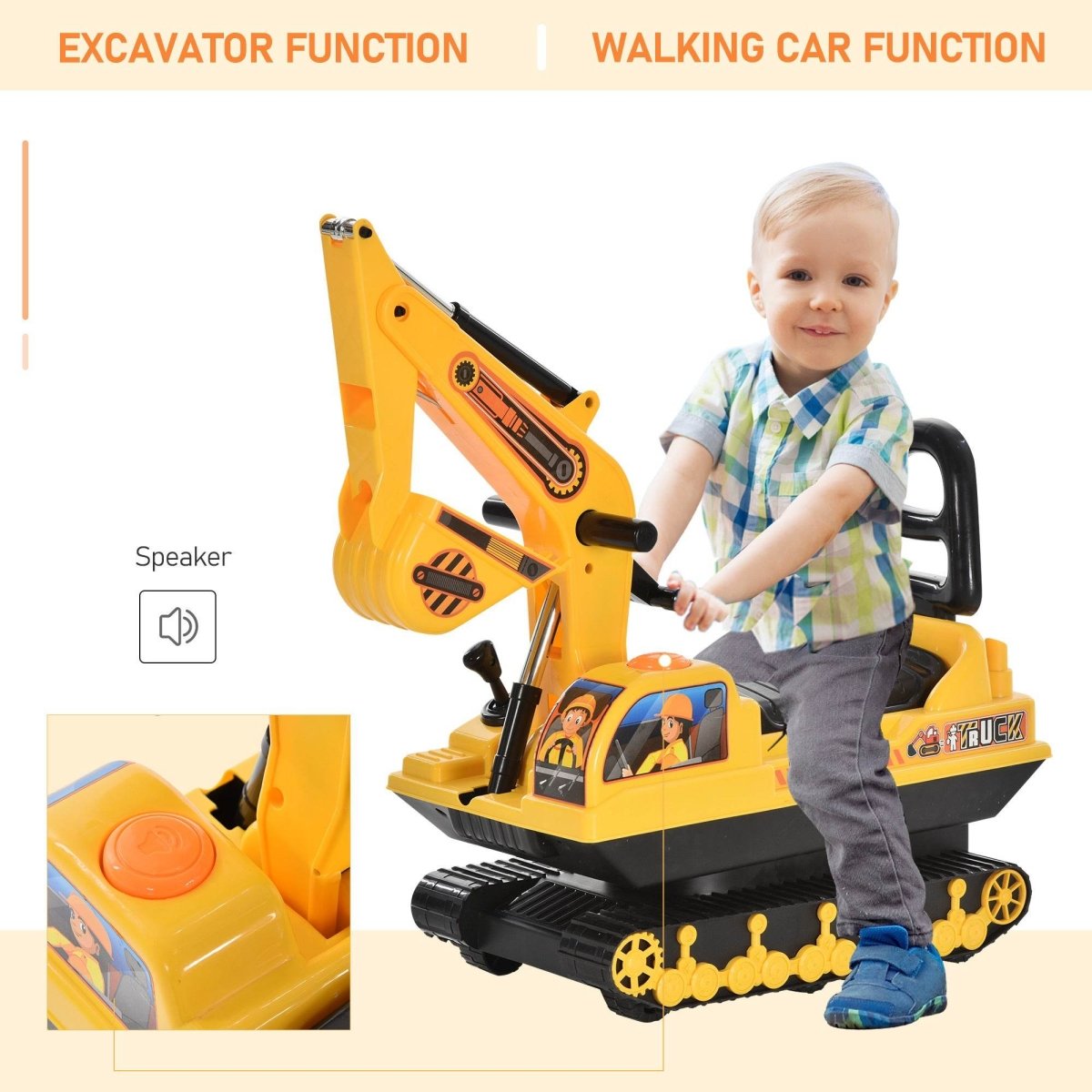 2 - in - 1 Ride - On Toddler Excavator Construction Toy - Driftwood - Omega Lifestyles