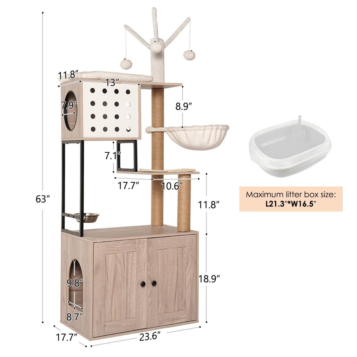 3 - in - 1 Space - Saving Cat Tree With Litter Box Enclosure - Driftwood - Omega Lifestyles