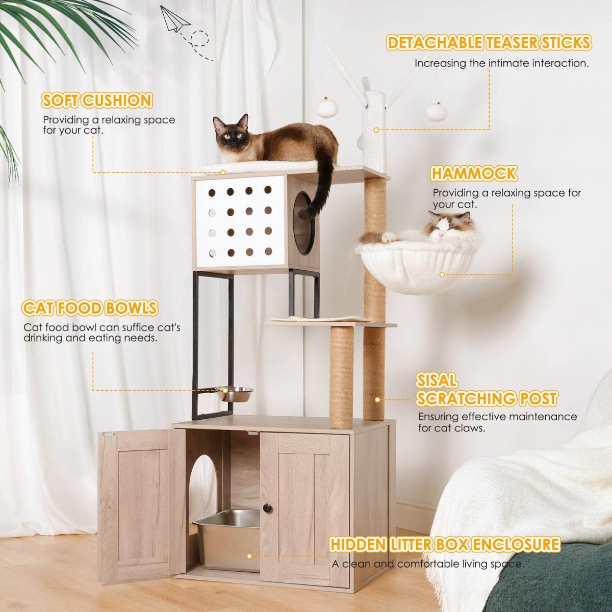 3 - in - 1 Space - Saving Cat Tree With Litter Box Enclosure - Driftwood - Omega Lifestyles