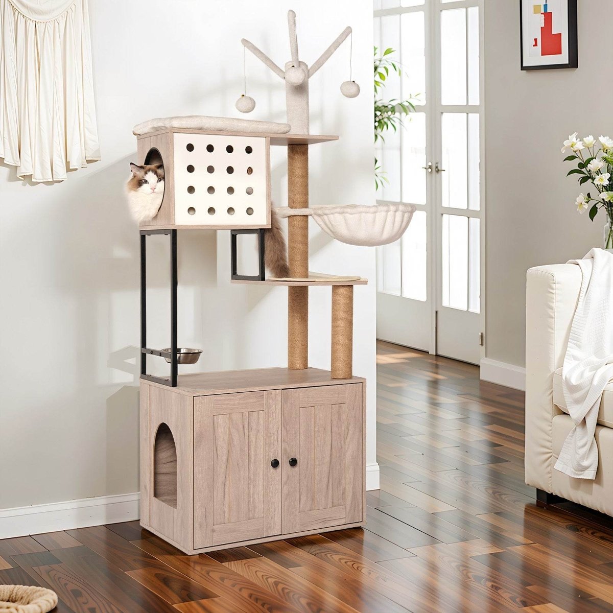 3 - in - 1 Space - Saving Cat Tree With Litter Box Enclosure - Driftwood - Omega Lifestyles
