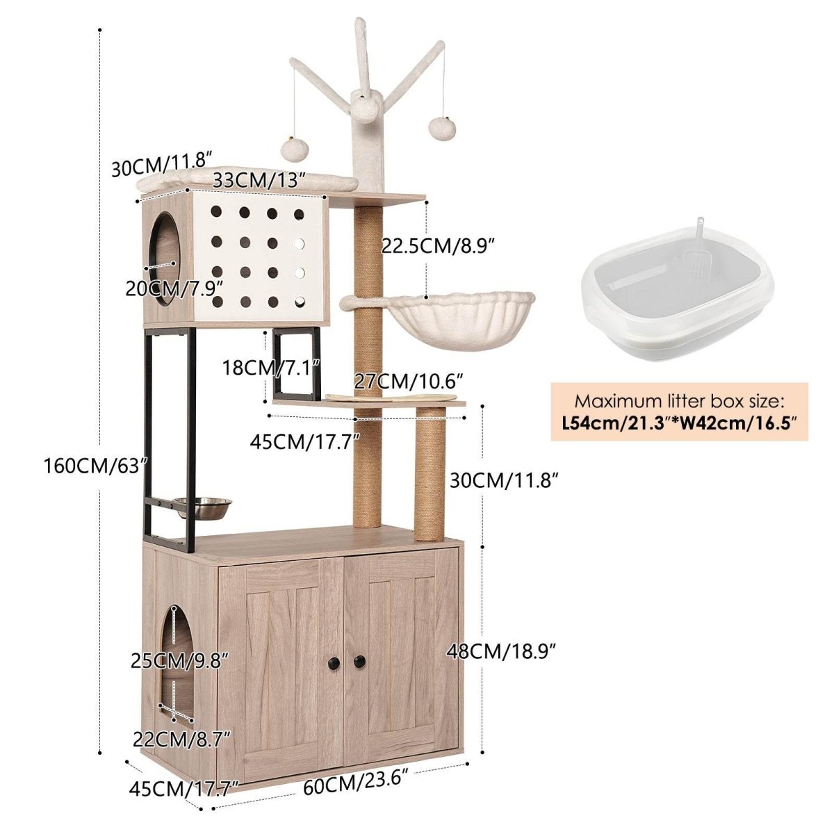 3 - in - 1 Space - Saving Cat Tree With Litter Box Enclosure - Driftwood - Omega Lifestyles