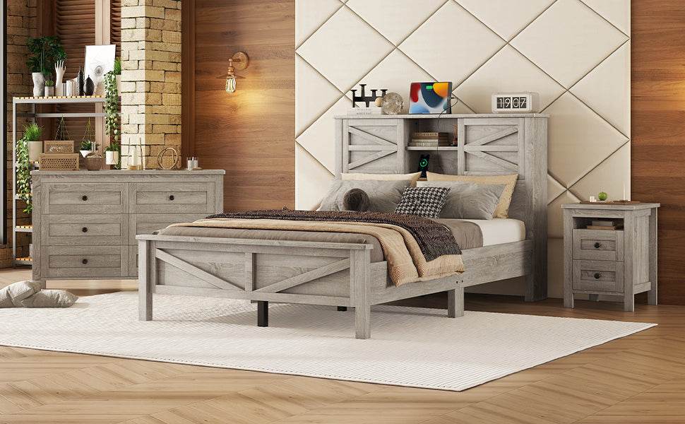 3-Piece Antique Gray Farmhouse Platform Bed Set - Sleep Galleria