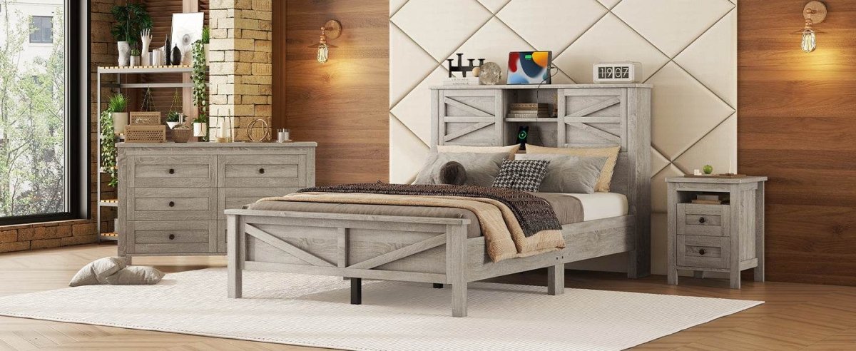 3-Piece Antique Gray Farmhouse Platform Bed Set - Sleep Galleria