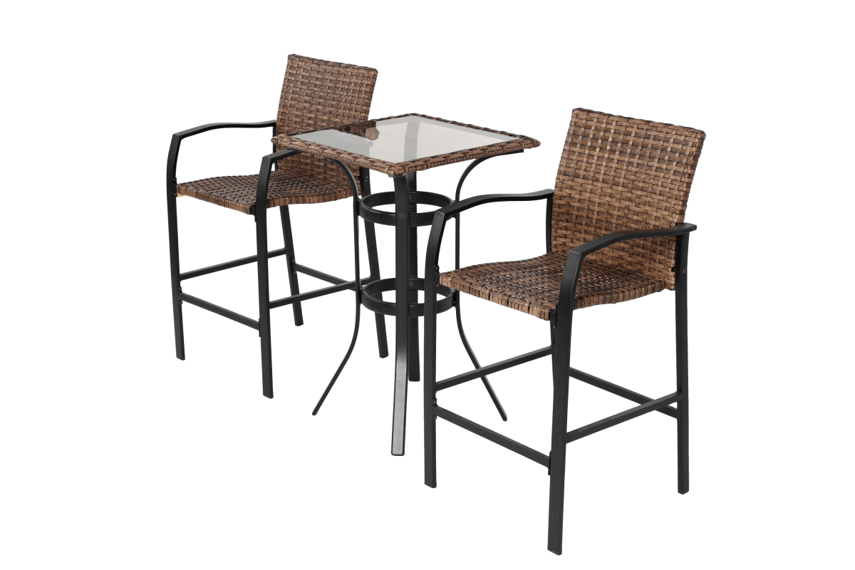 3 - Piece Outdoor Brown Steel Rattan Bar Stools Set - Driftwood - Omega Lifestyles