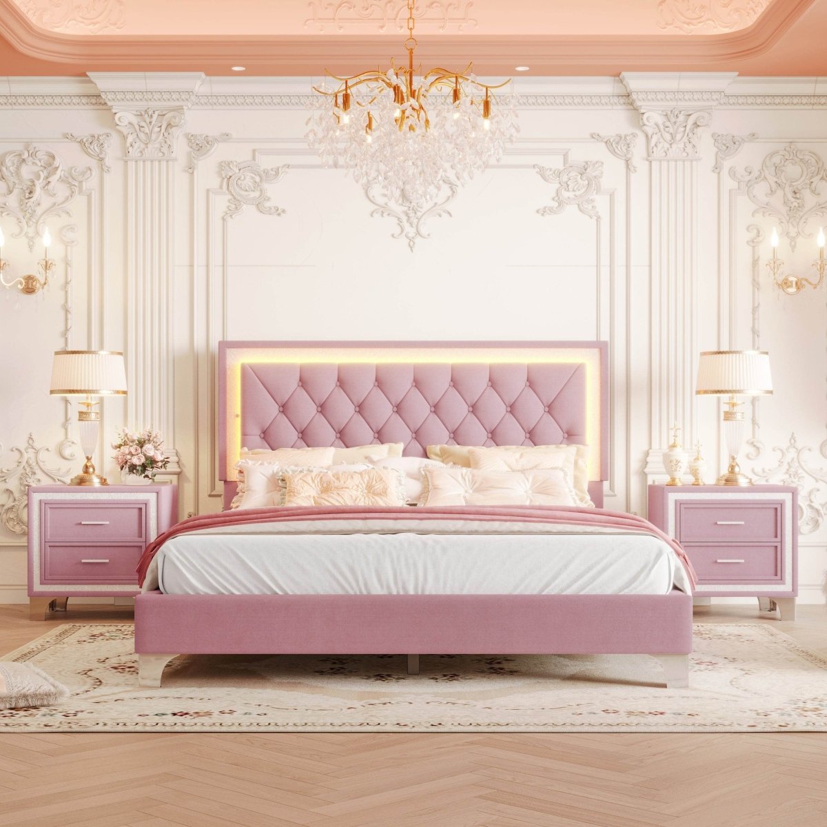 3-Piece Pink Upholstered Bedroom Set With LED Lights - Sleep Galleria