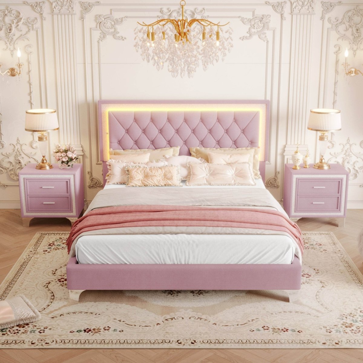 3-Piece Pink Upholstered Bedroom Set With LED Lights - Sleep Galleria