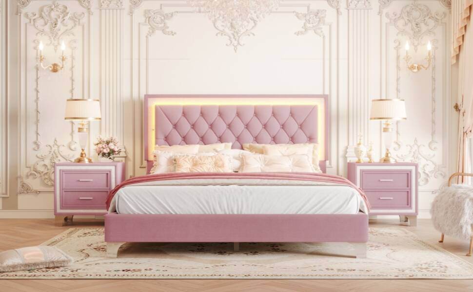 3-Piece Pink Upholstered Bedroom Set With LED Lights - Sleep Galleria