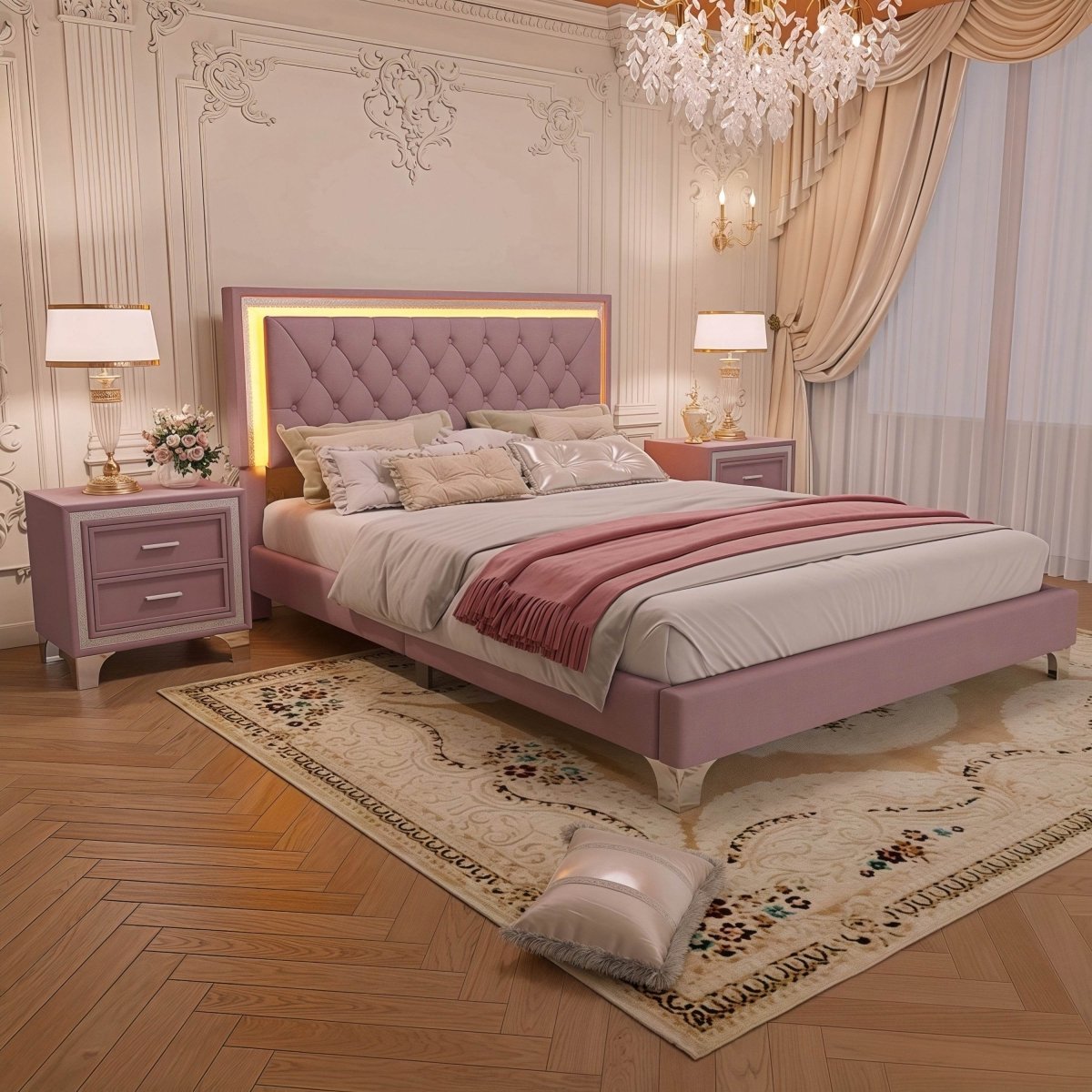 3-Piece Pink Upholstered Bedroom Set With LED Lights - Sleep Galleria