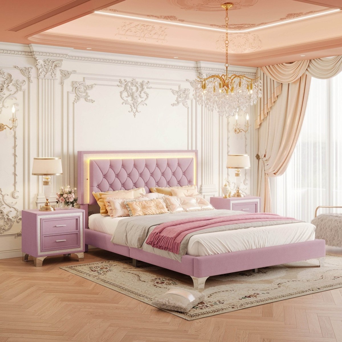 3-Piece Pink Upholstered Bedroom Set With LED Lights - Sleep Galleria