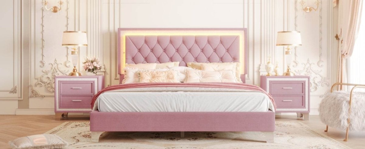 3-Piece Pink Upholstered Bedroom Set With LED Lights - Sleep Galleria