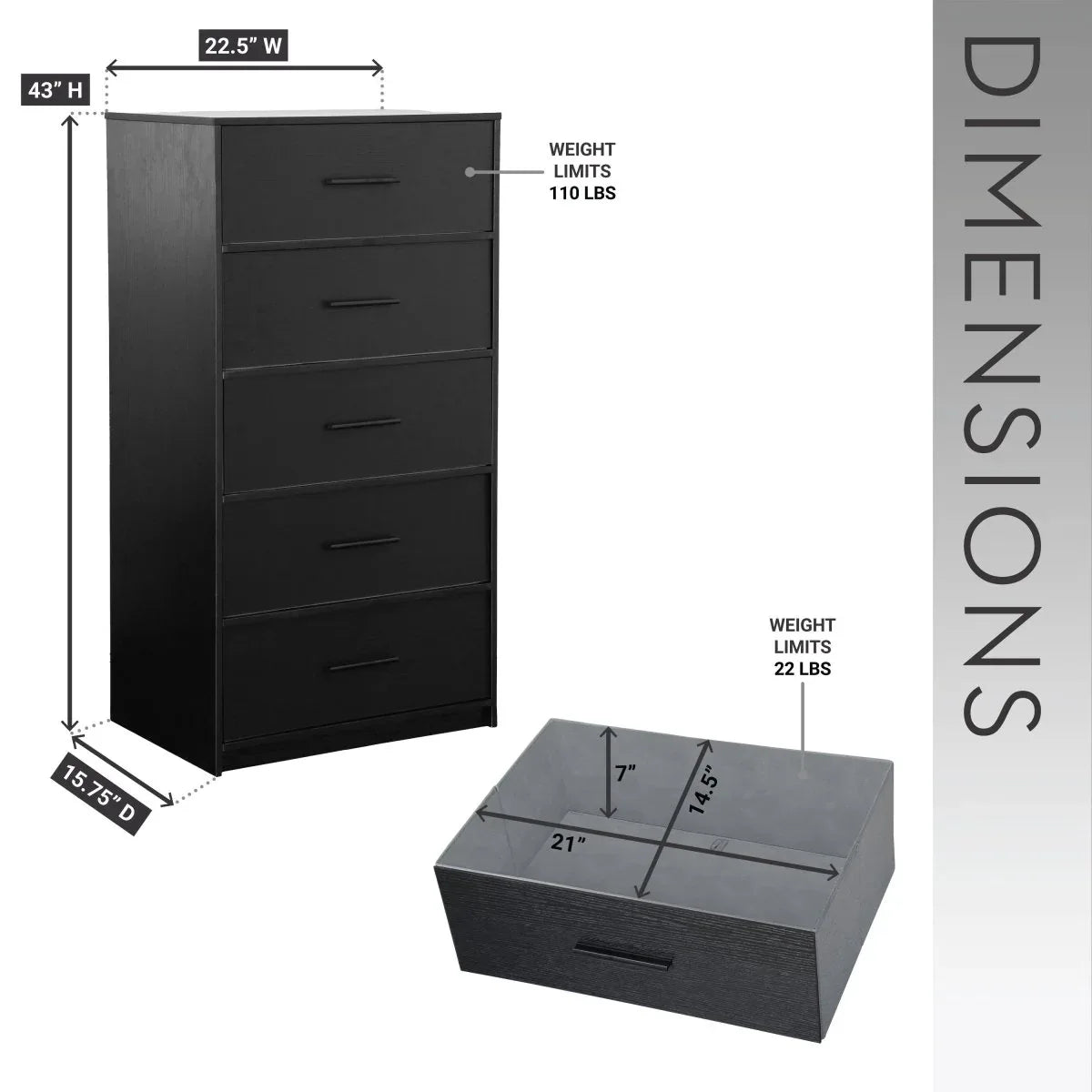 5-Drawer Modern Fabric Storage Dresser Black - Omega Lifestyles