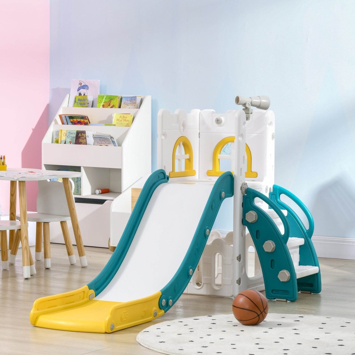 5 - in - 1 Toddler Slide Playset With Basketball Hoop Climber - Driftwood - Omega Lifestyles