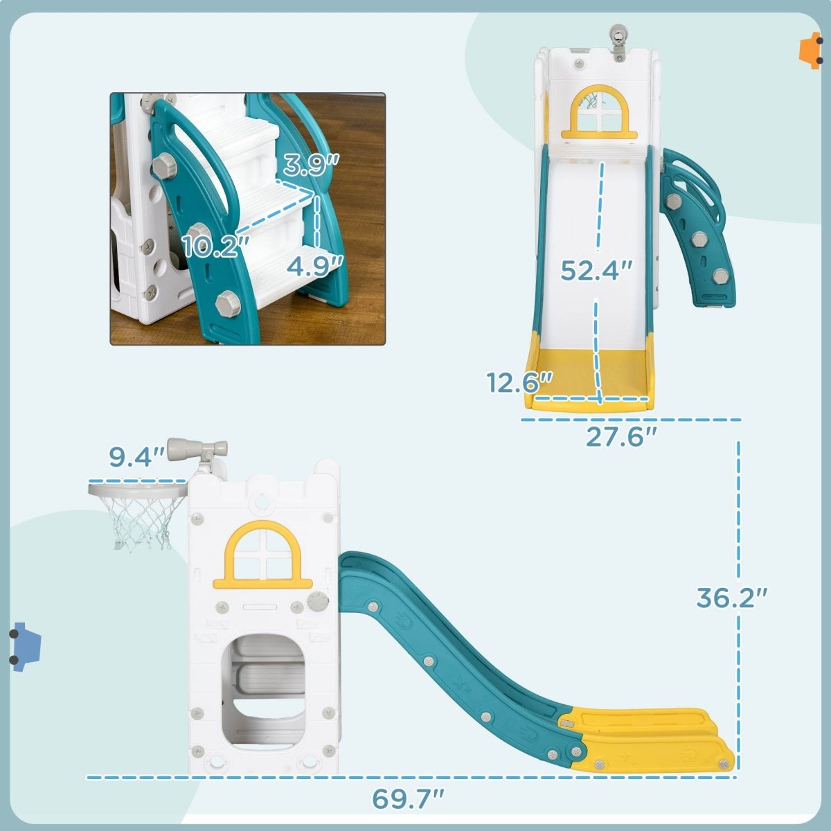 5 - in - 1 Toddler Slide Playset With Basketball Hoop Climber - Driftwood - Omega Lifestyles