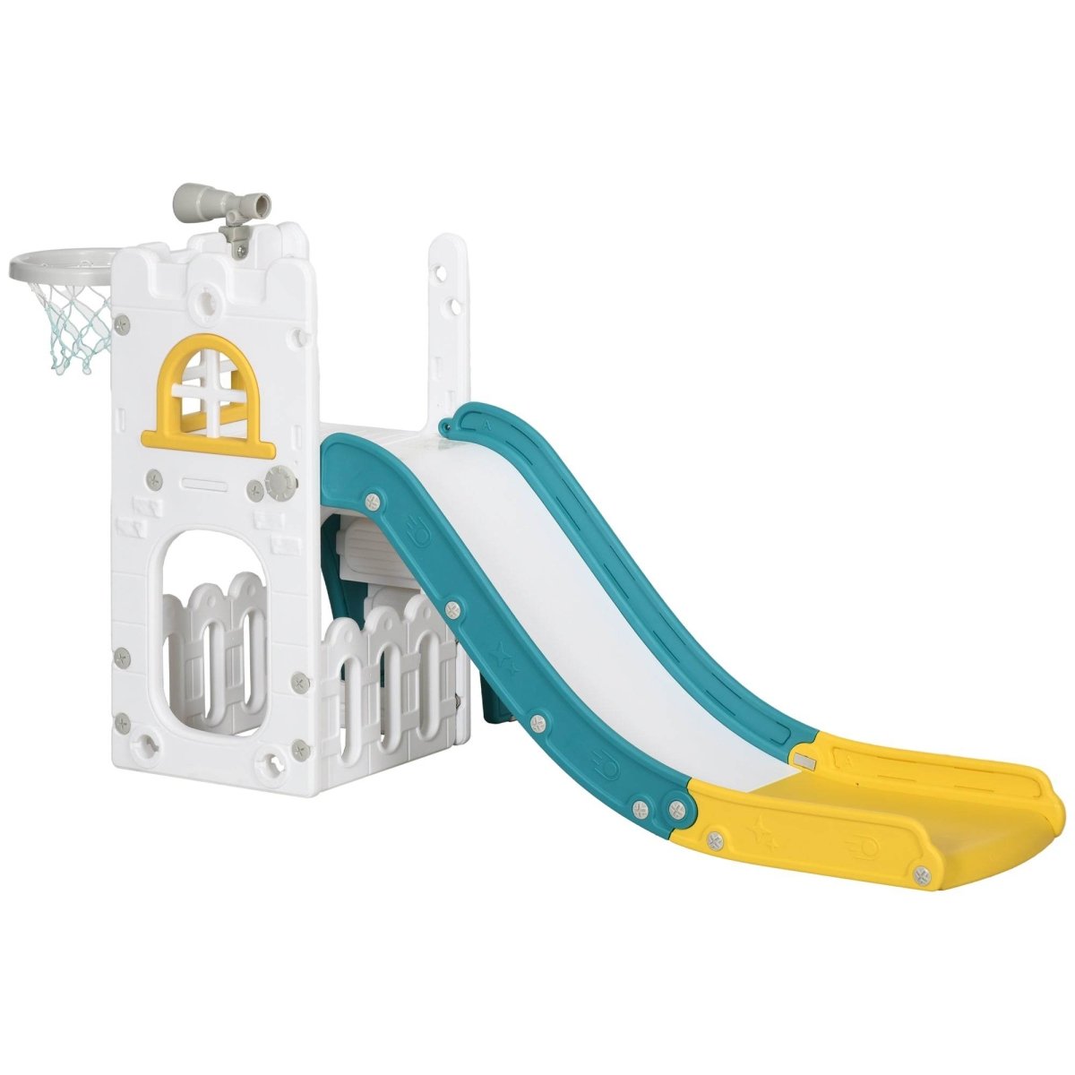 5 - in - 1 Toddler Slide Playset With Basketball Hoop Climber - Driftwood - Omega Lifestyles