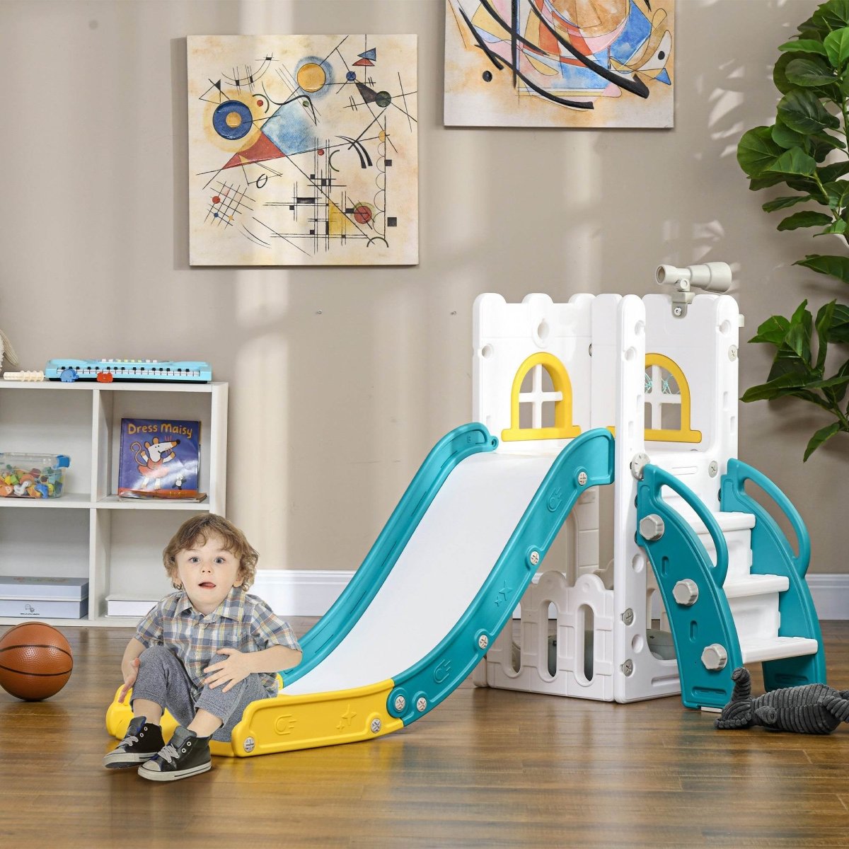 5 - in - 1 Toddler Slide Playset With Basketball Hoop Climber - Driftwood - Omega Lifestyles