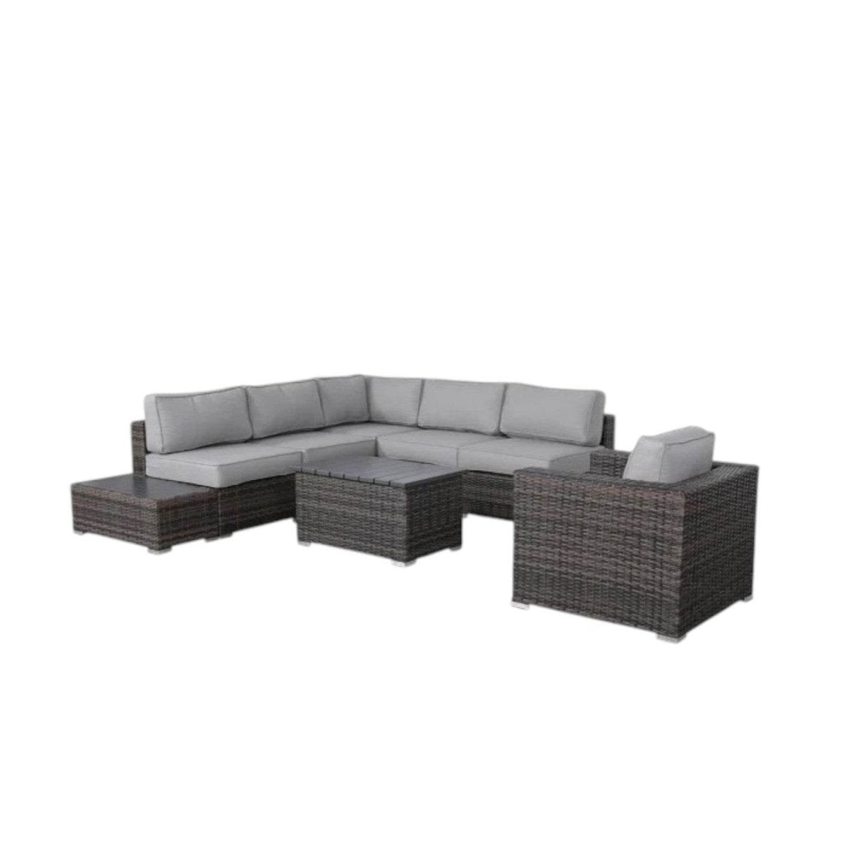 5 - Person Brown HDPE Wicker Patio Seating Set With Cushions - Driftwood - Omega Lifestyles