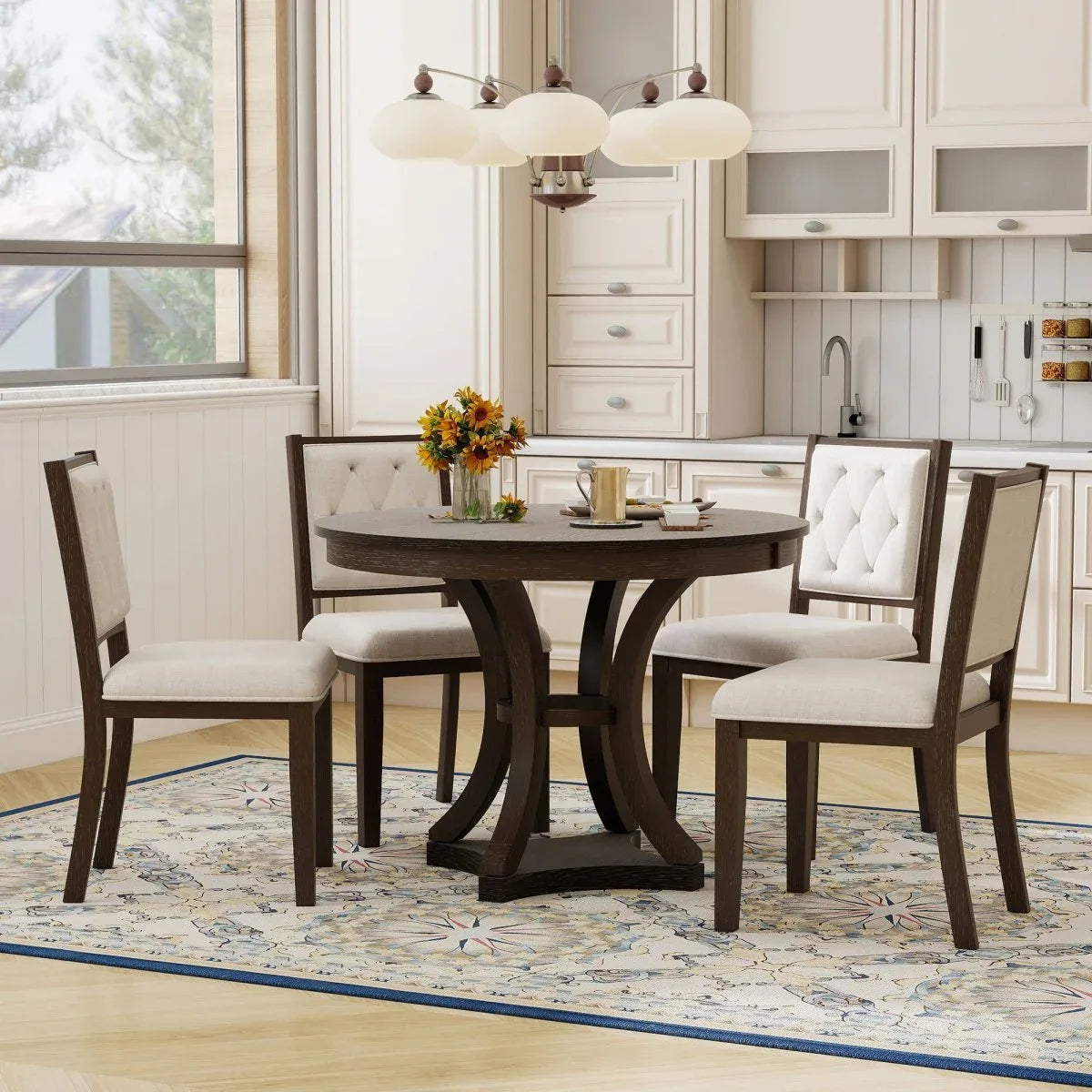 5-Piece Extendable Round Dining Table Set With Upholstered Chairs - Omega Lifestyles