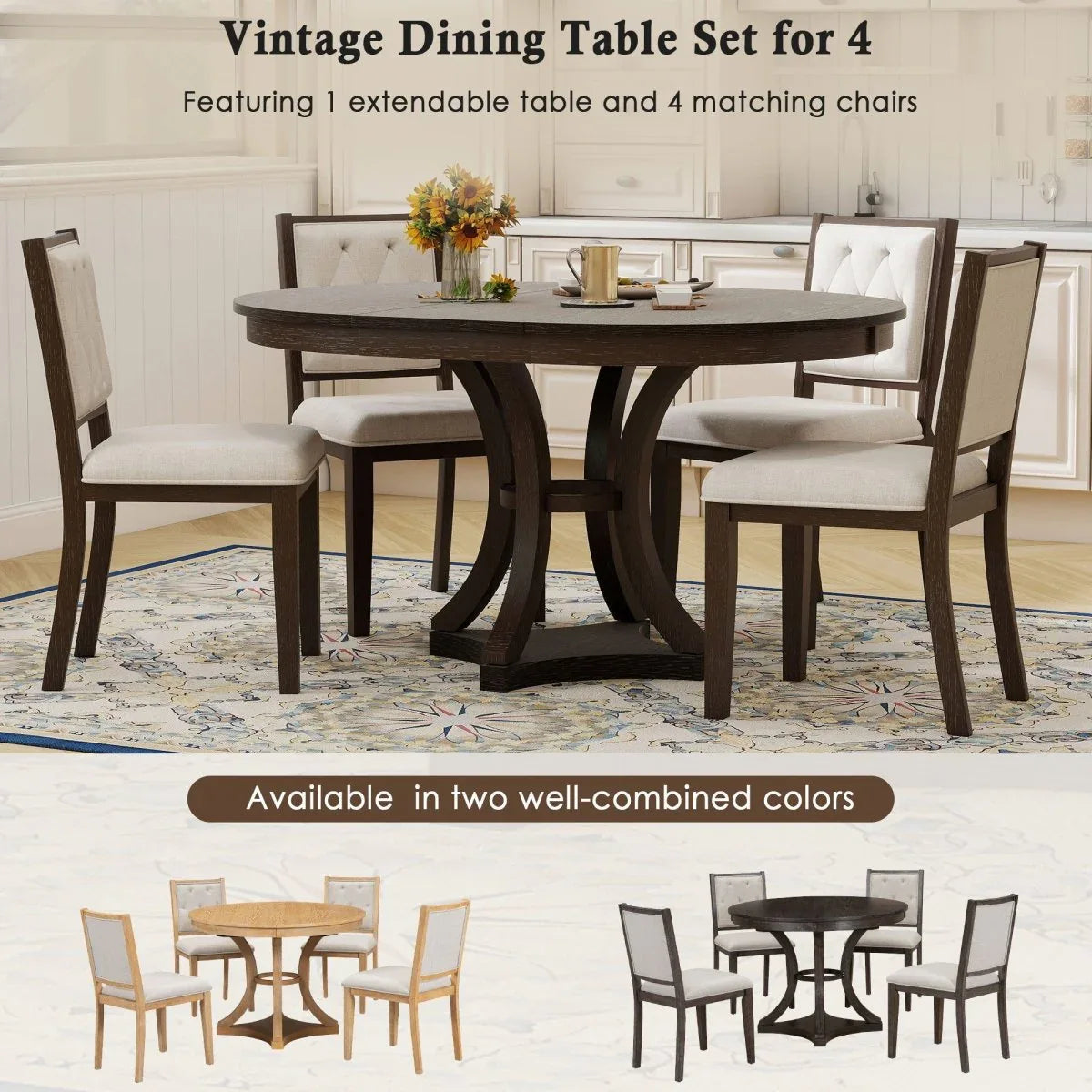 5-Piece Extendable Round Dining Table Set With Upholstered Chairs - Omega Lifestyles