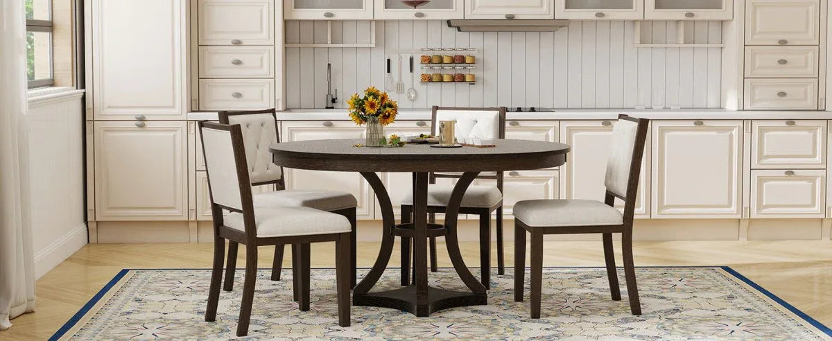 5-Piece Extendable Round Dining Table Set With Upholstered Chairs - Omega Lifestyles
