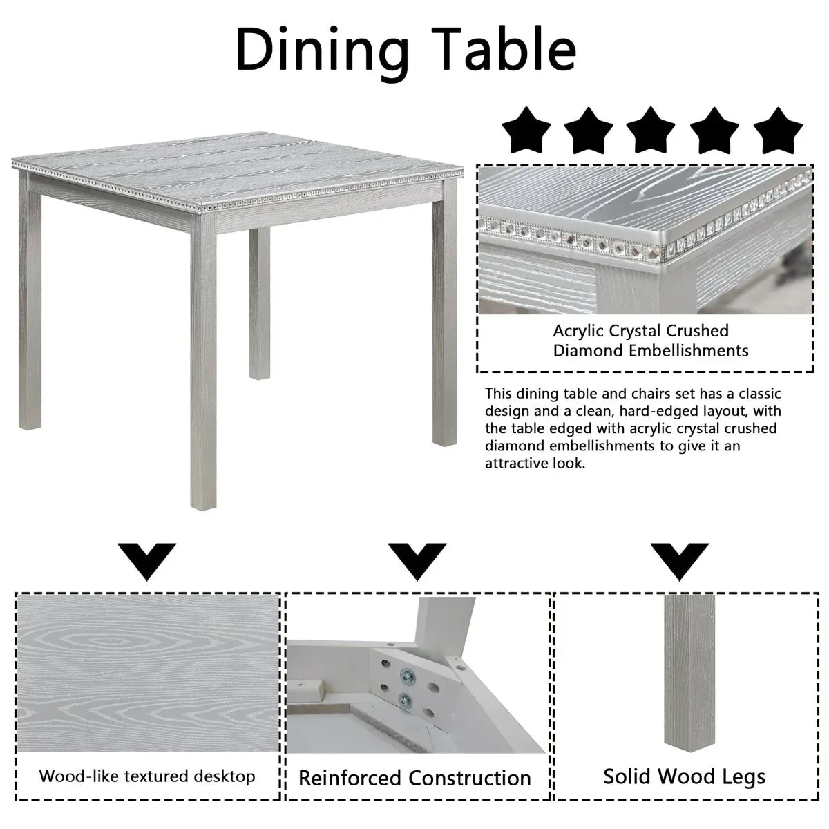 5-Piece Solid Wood MDF Square Dining Table Set With Upholstered Chairs - Omega Lifestyles