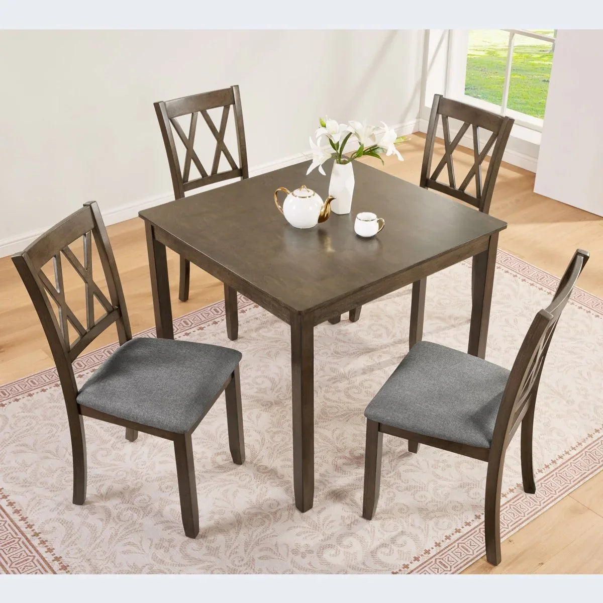 5-Piece Walnut Square Wooden Dining Table Set With Chairs - Omega Lifestyles