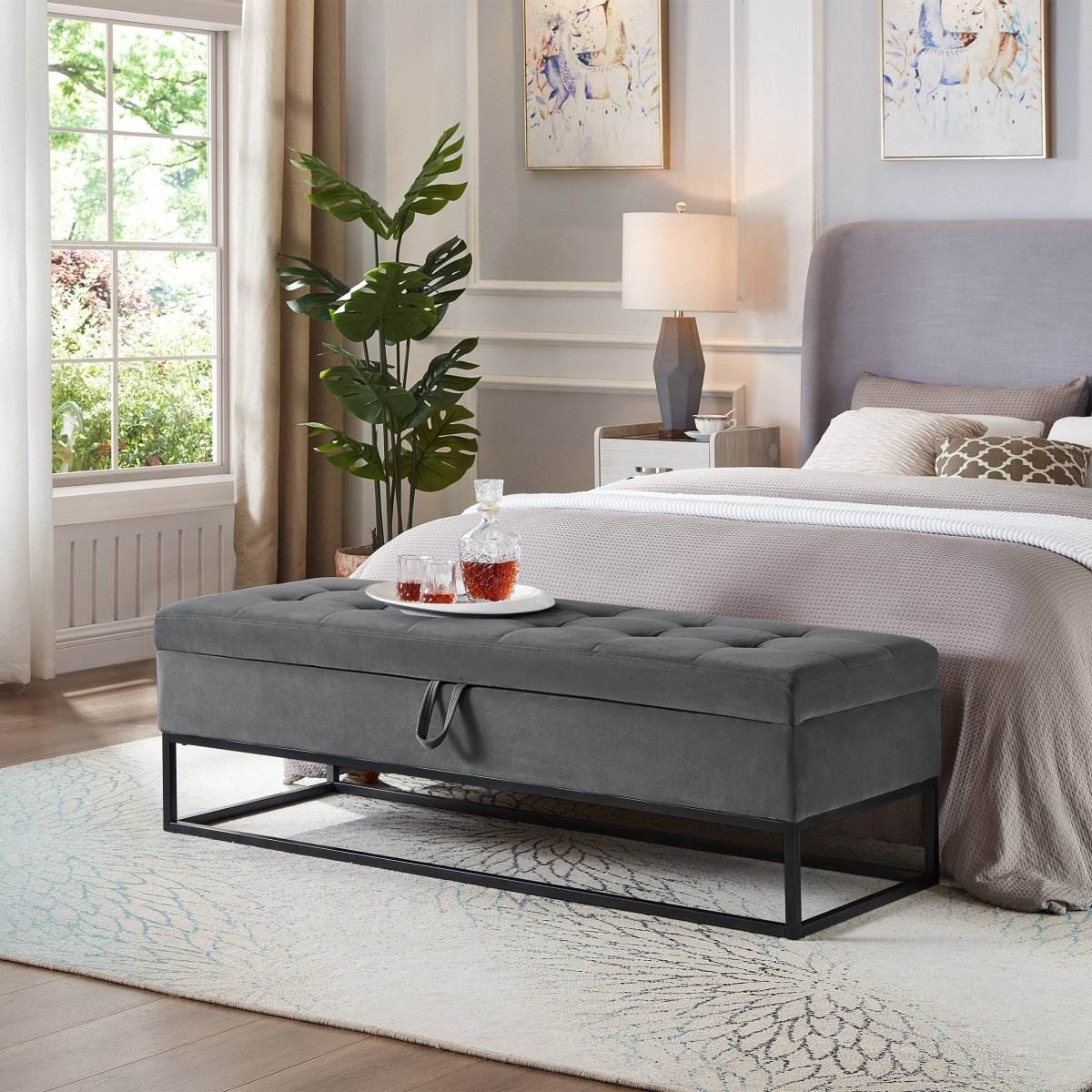 58-Inch Velvet Storage Bench With Metal Base - Sleep Galleria