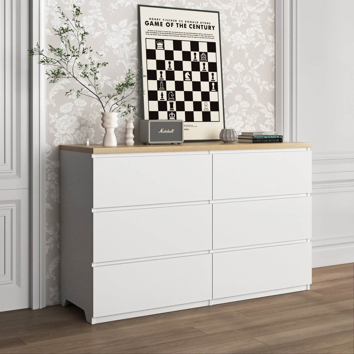 6-Drawer White Particle Board Storage Dresser Cabinet - Sleep Galleria