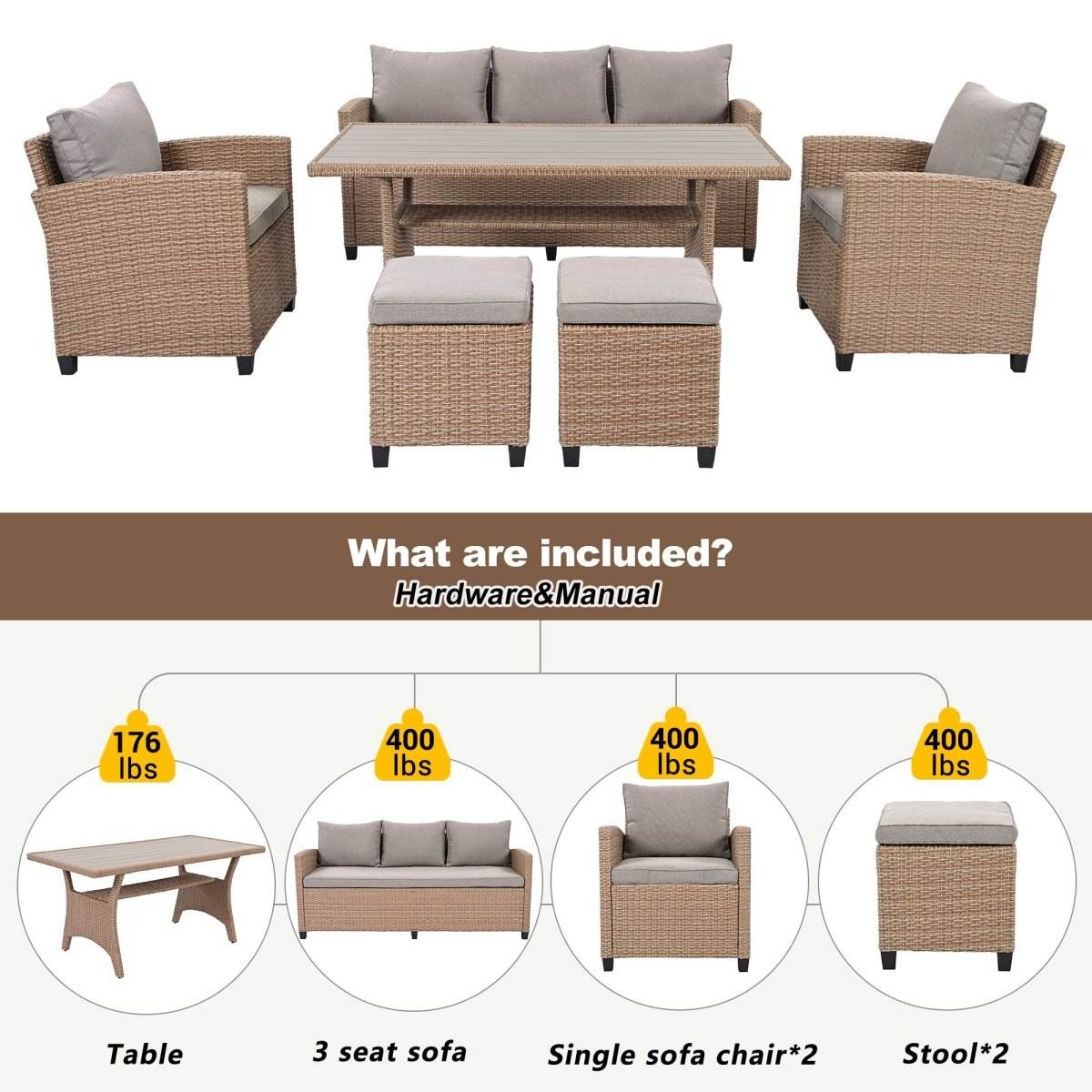 6-Piece Outdoor PE Rattan Patio Furniture Set With Cushions - Omega Lifestyles