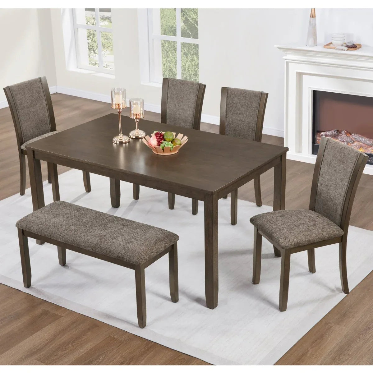 6-Piece Rustic Wooden Dining Table Set With Bench And Chairs - Omega Lifestyles