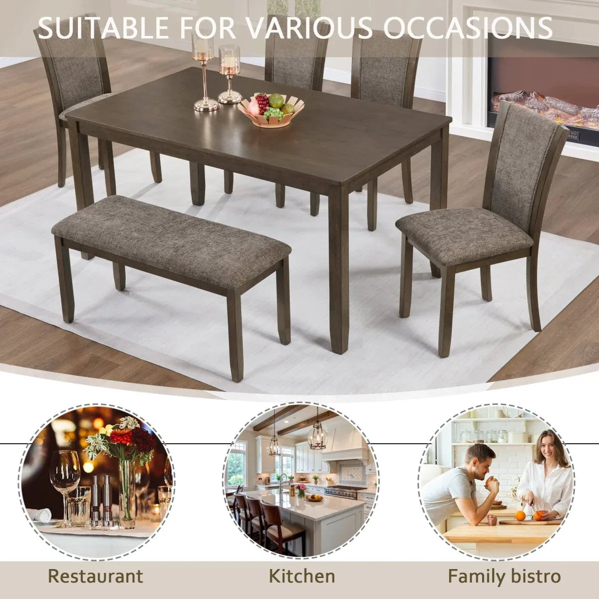 6-Piece Rustic Wooden Dining Table Set With Bench And Chairs - Omega Lifestyles