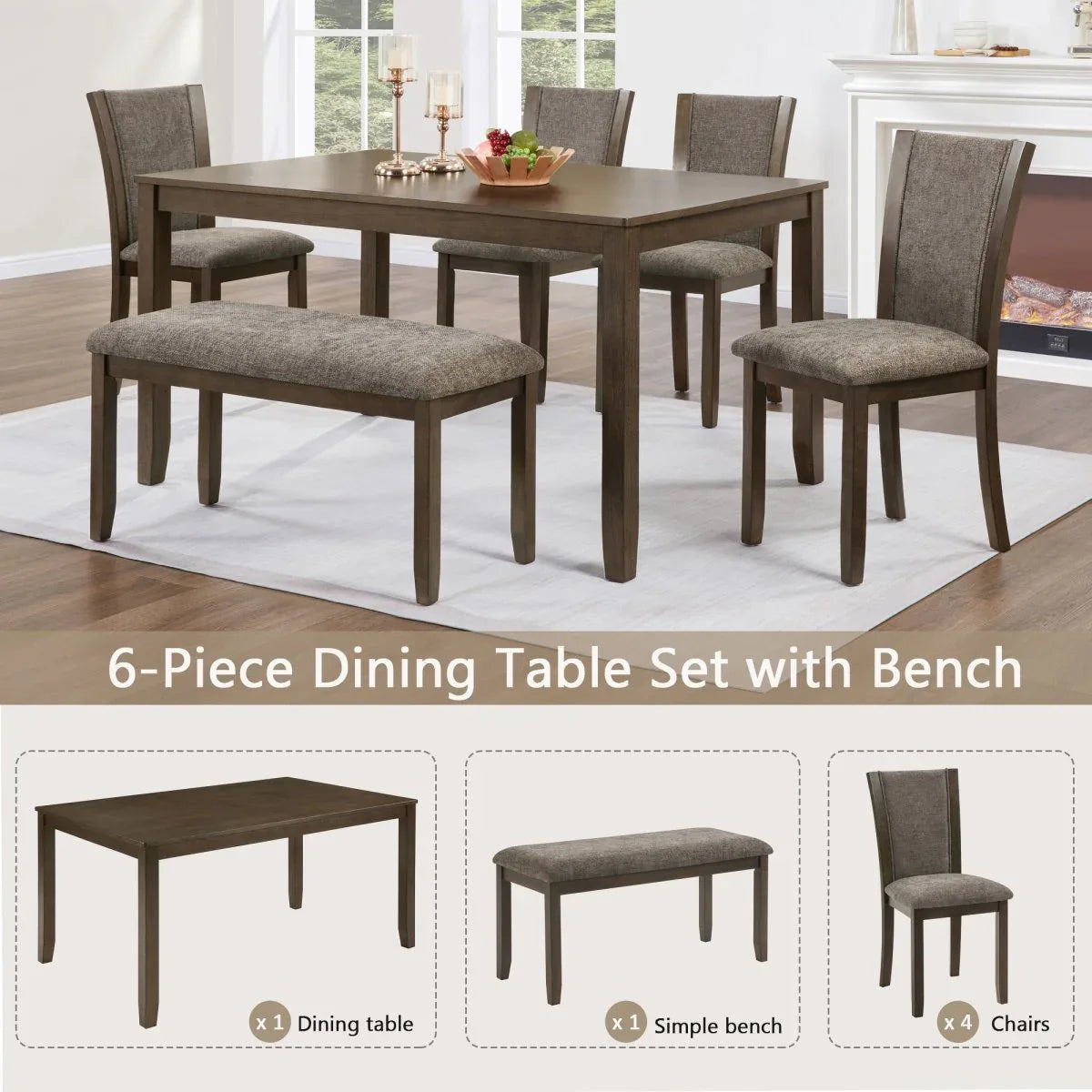 6-Piece Rustic Wooden Dining Table Set With Bench And Chairs - Omega Lifestyles