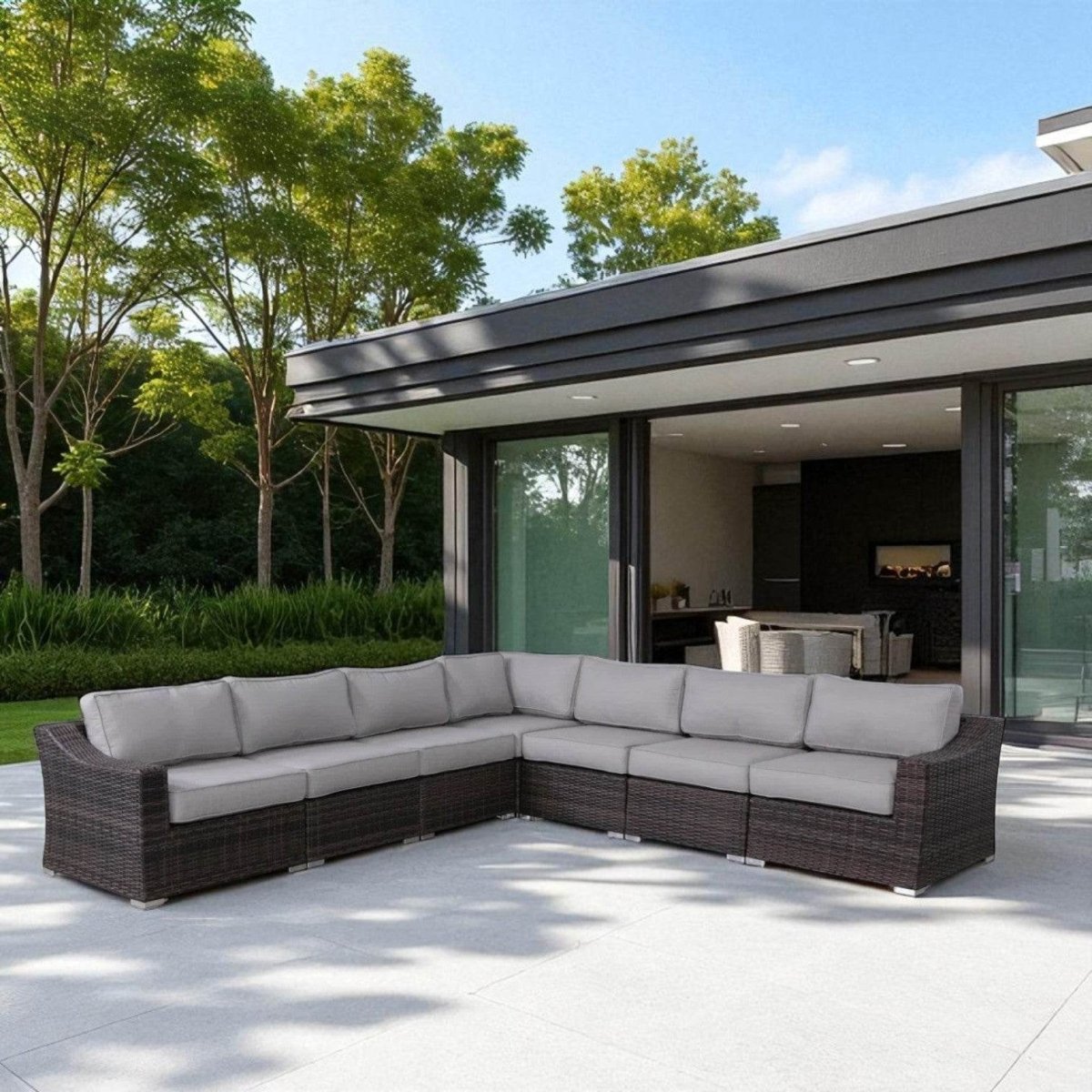 7 - Piece Modular Brown Wicker Outdoor Sectional Seating Group - Driftwood - Omega Lifestyles