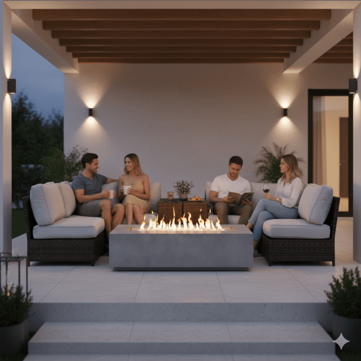 9 - Piece Modular Wicker Outdoor Seating Group With Fire Pit - Driftwood - Omega Lifestyles