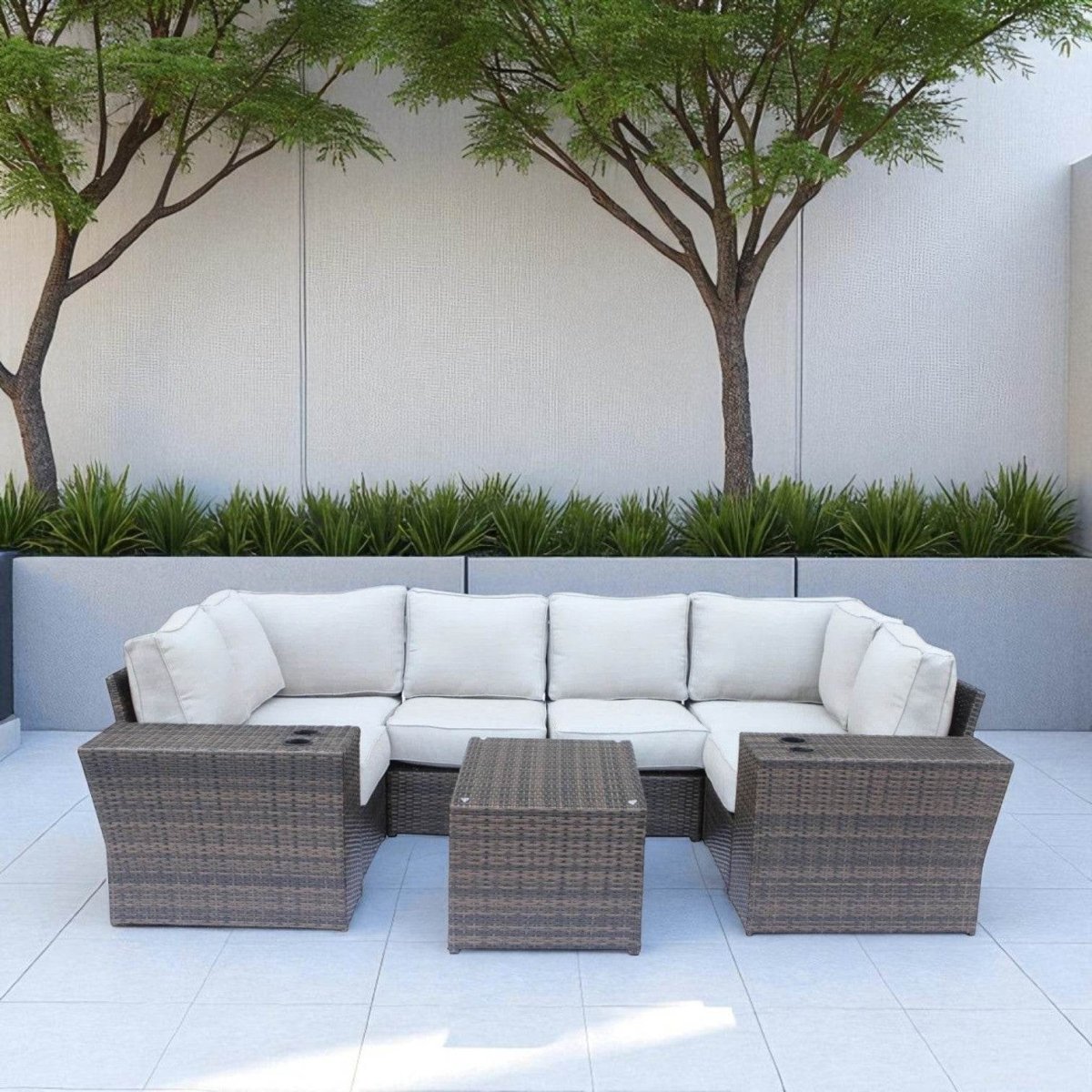 9 - Piece Outdoor Wicker Patio Set With Cushions - Driftwood - Omega Lifestyles